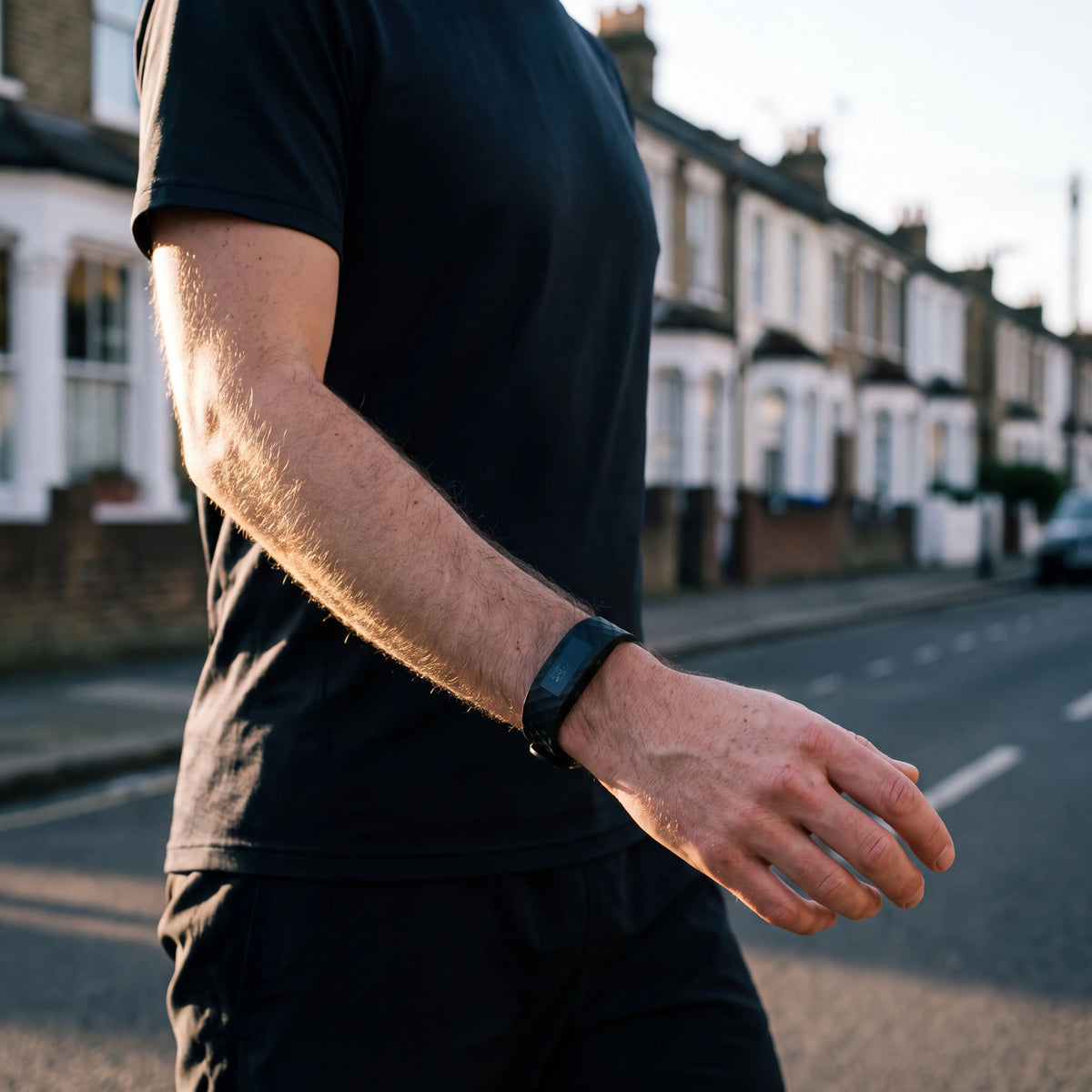 Man on a morning walk wearing the band