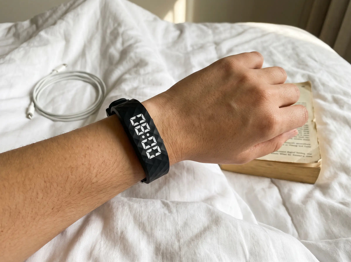 Sample photo: band on a wrist resting on a duvet