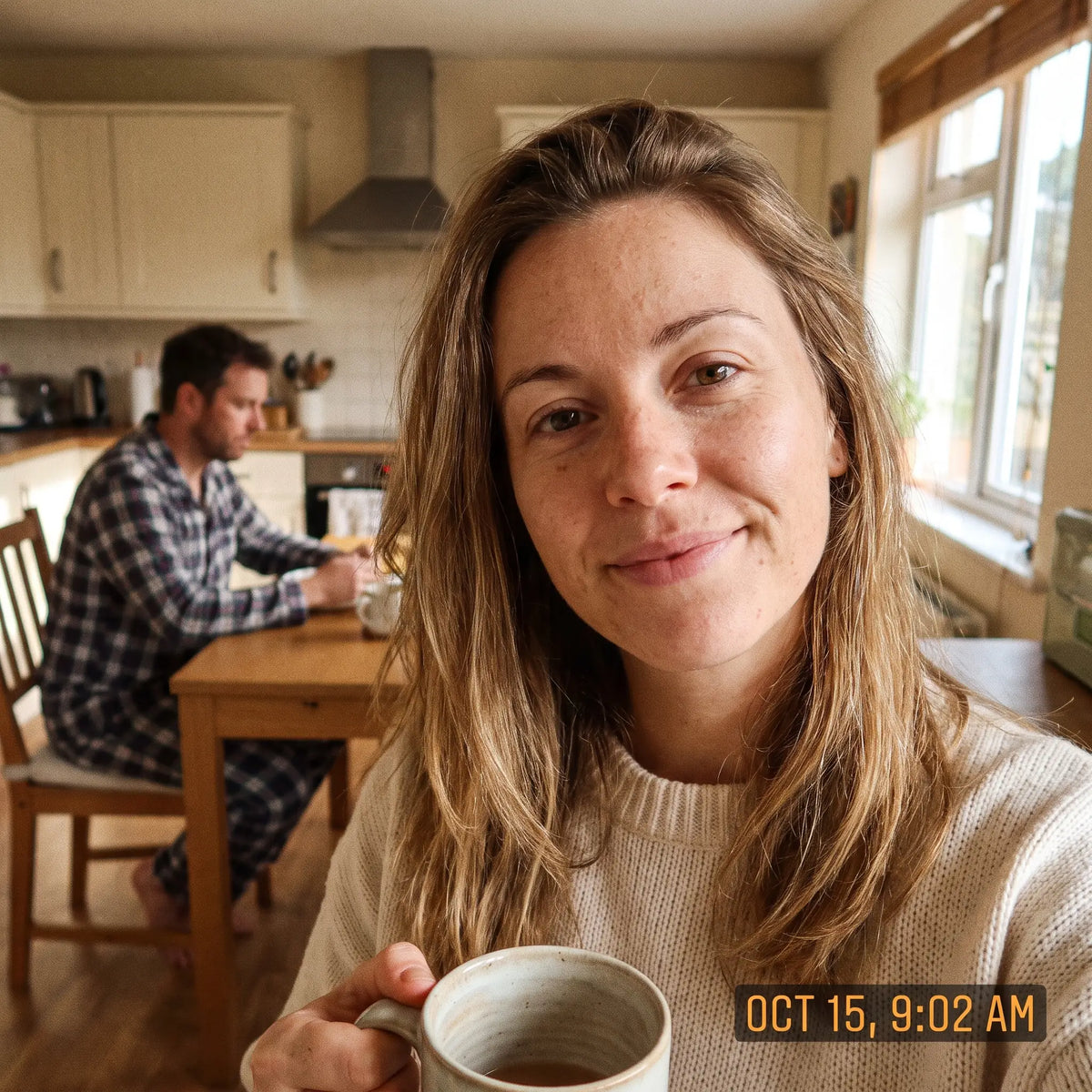 Sample avatar: woman at a kitchen table in the morning