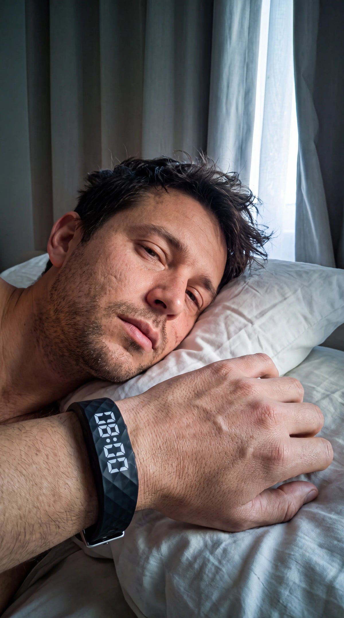 Man waking and checking the band on his wrist