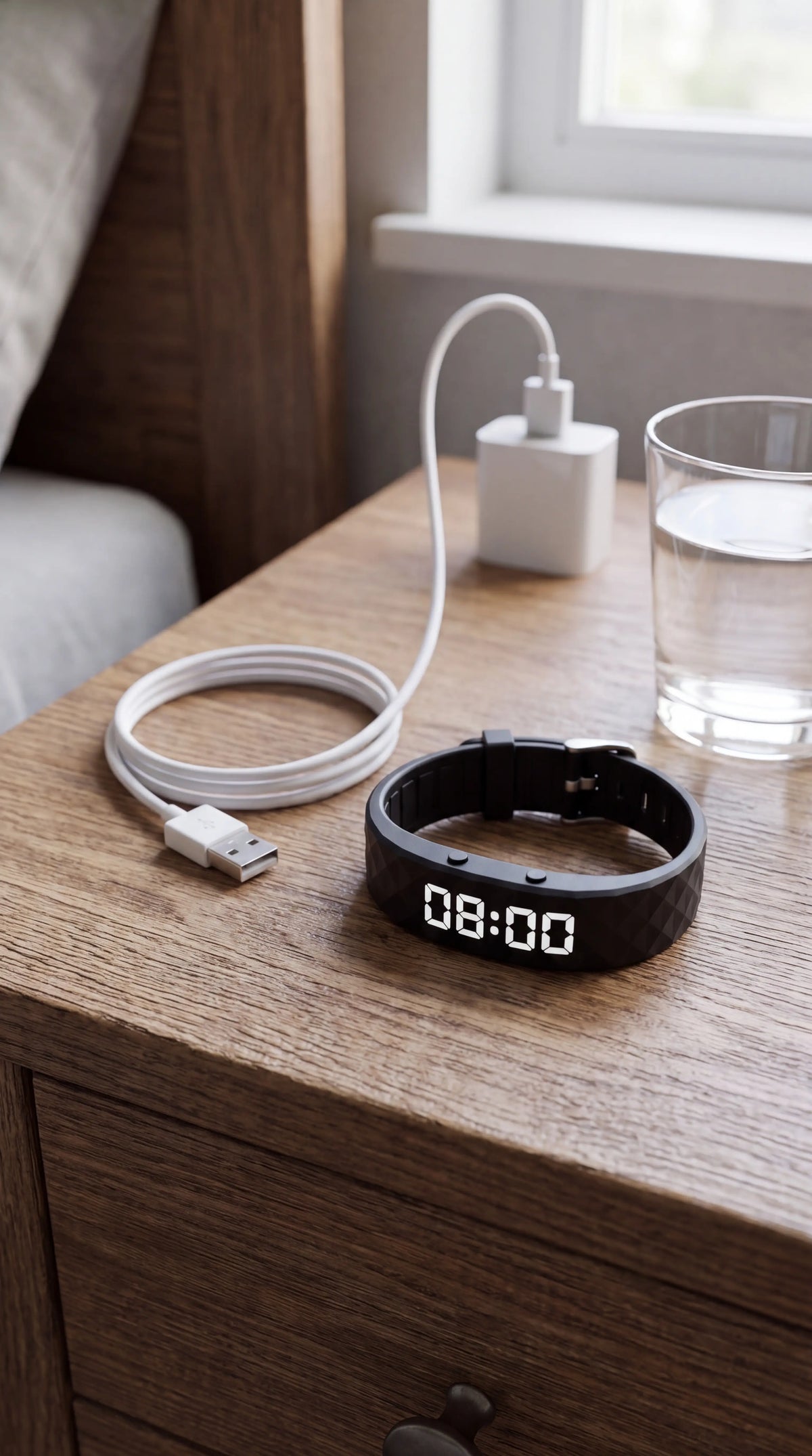 Band on a bedside table next to its USB charging cable